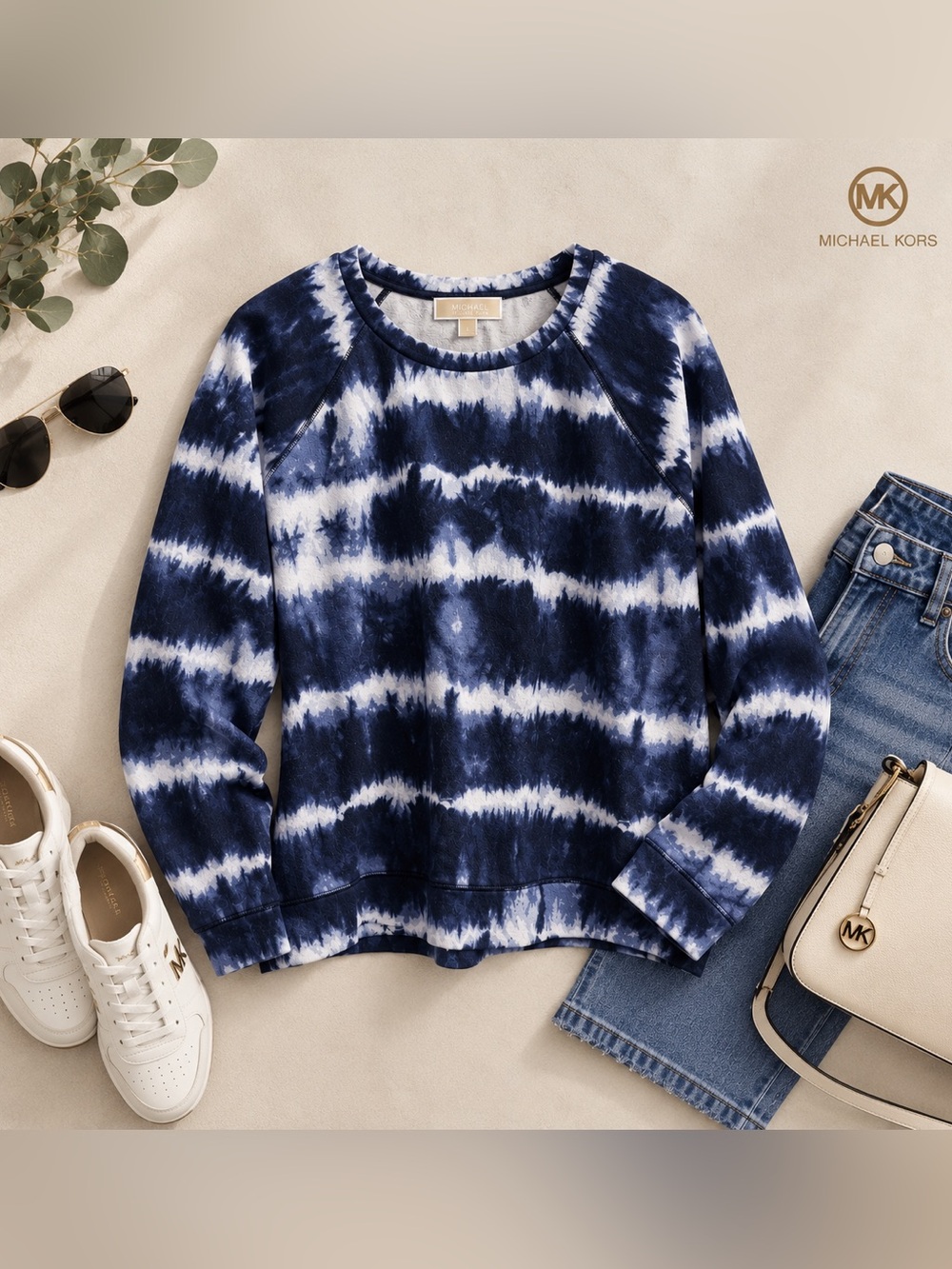 Michael Kors Women's Tie-Dye Long Sleeve Top Blue & White Size Large Like